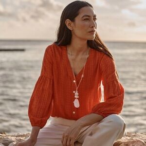 J. Jill V Neck Orange Campari Shirt Floral Embroidered Button Front Cotton Large